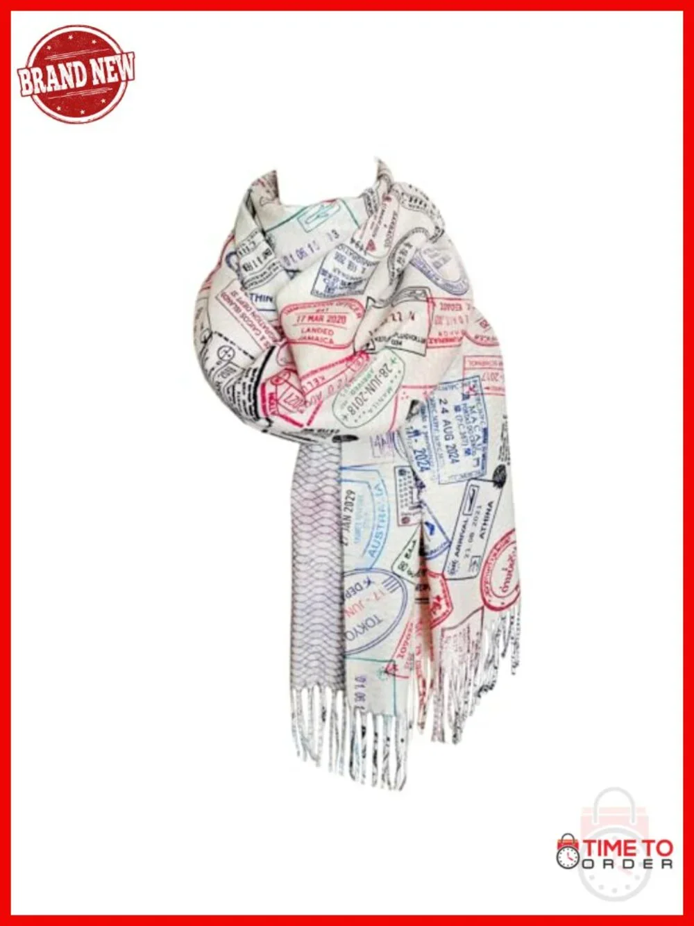 Acrylic Travel Scarf with Passport Stamp Print, Fashion Scarf 72x26 Inches
